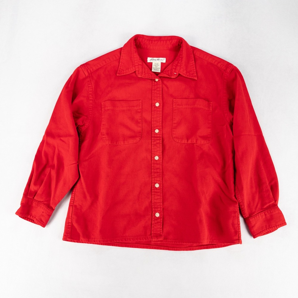 Eddie Bauer Shirt Small PETITE Red Long Sleeve Cotton Waffle Button Up Vintage
